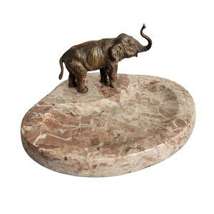 Elephant on Marble Stone Desk or Dresser Dish Bronze or Brass Decor LC652